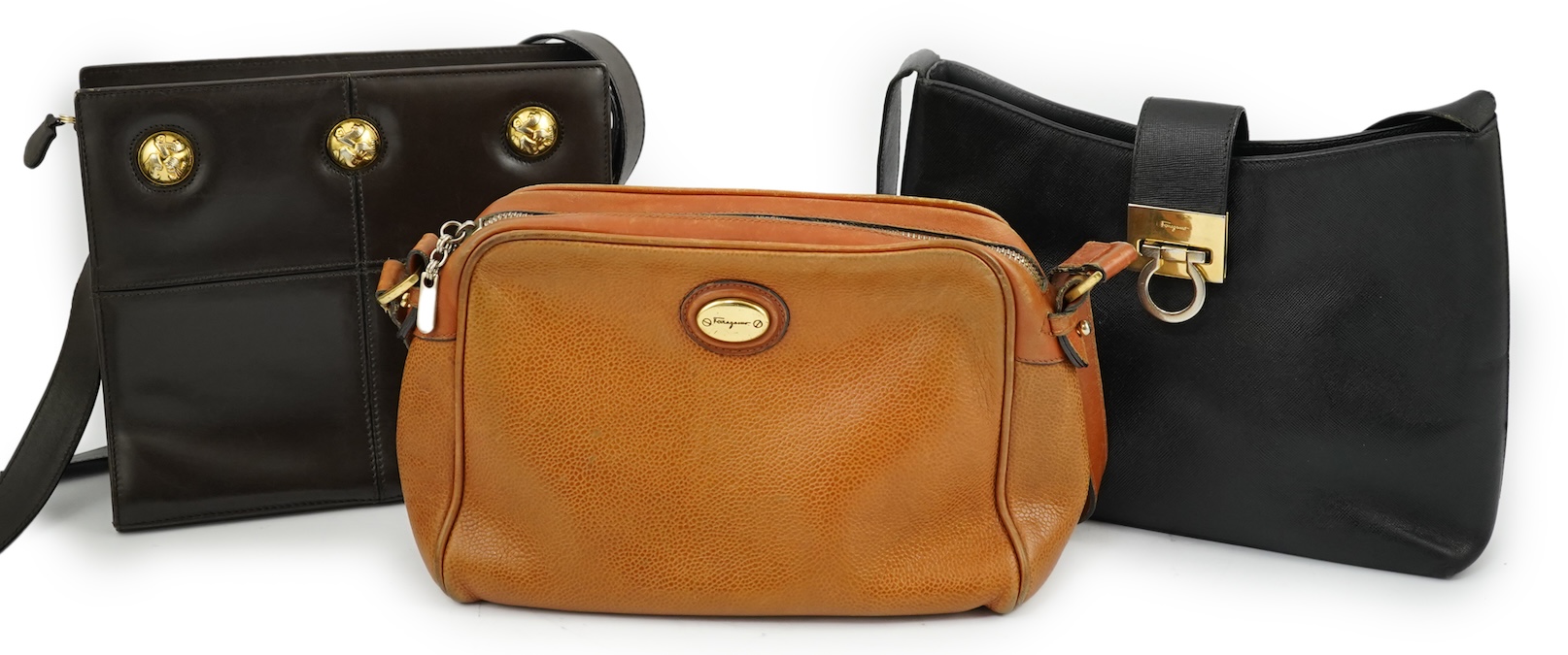 A Salvatore Ferragamo brown leather shoulder bag, and two other handbags